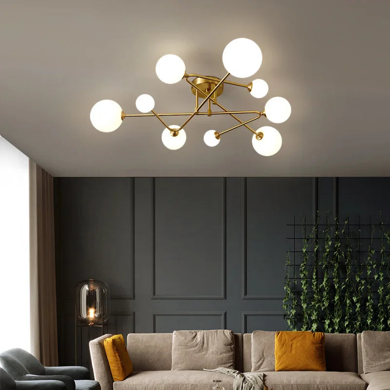 Lustre Verre Sphere Nordique Dore LED HomeLover pour Salon — 4 a 9 Tetes Chaud Froid 6 Variantes Prestige