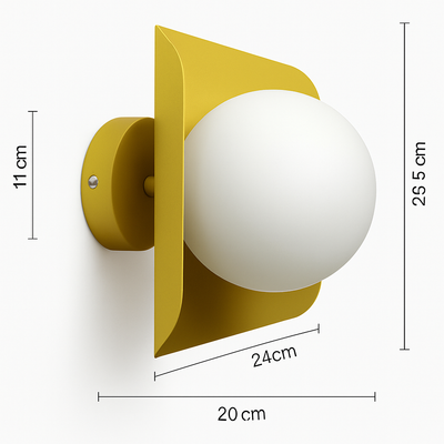 Applique murale globe blanc, monture jaune